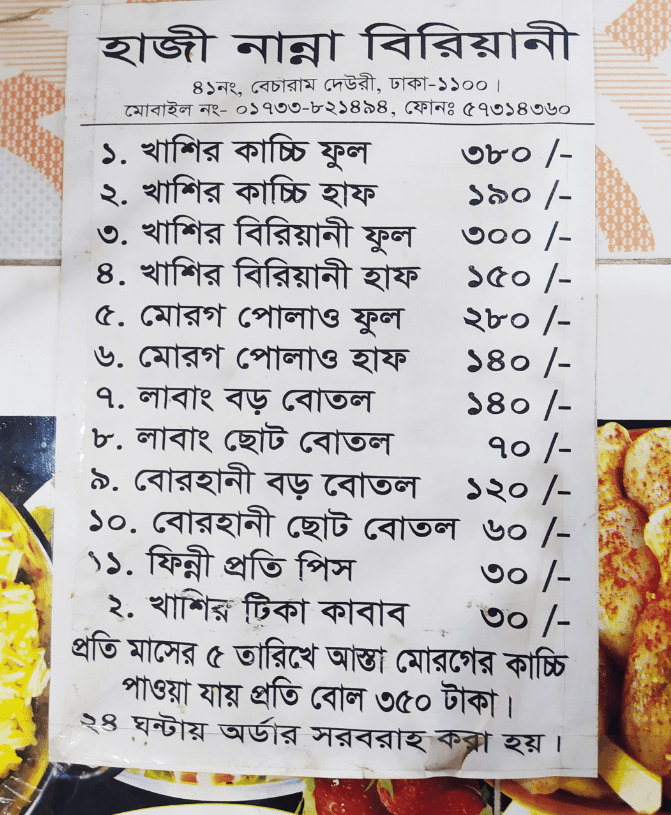 Original Price list of Nanna Biryani
