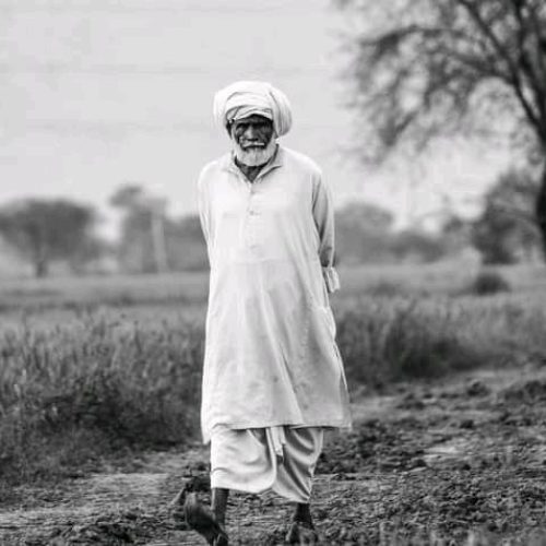 A farmer is walking wearing lungi